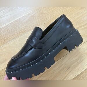 SCHUTZ Black Chunky Lug Sole Leather Loafers